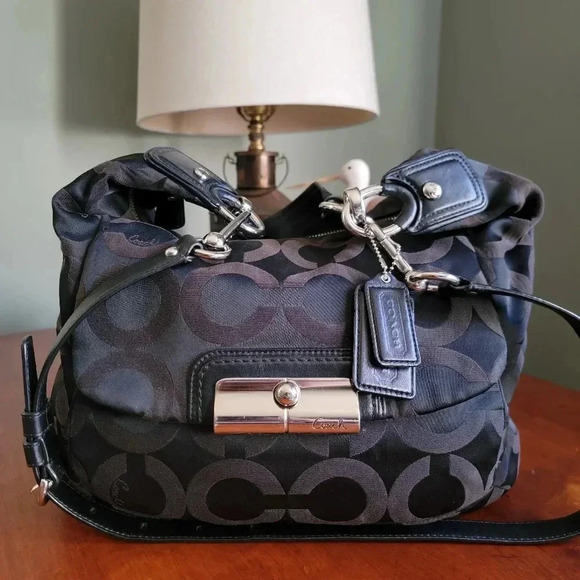 Coach Black Kristen Op Art Hobo Black Signature Jacquard and Leather #16811 - Picture 10 of 16